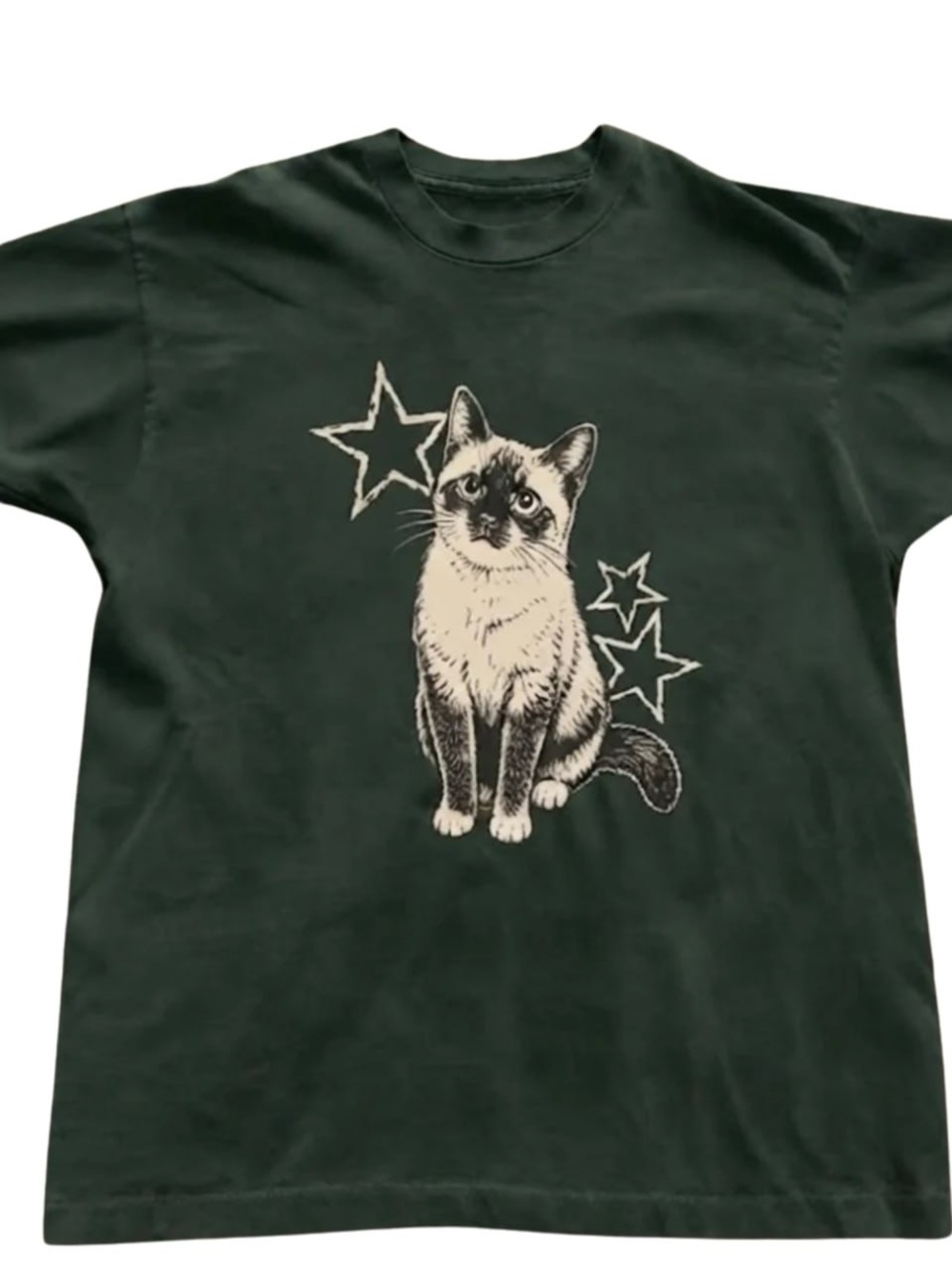 Gildan Forest Green Tee with Cream & Black Cat Graphic